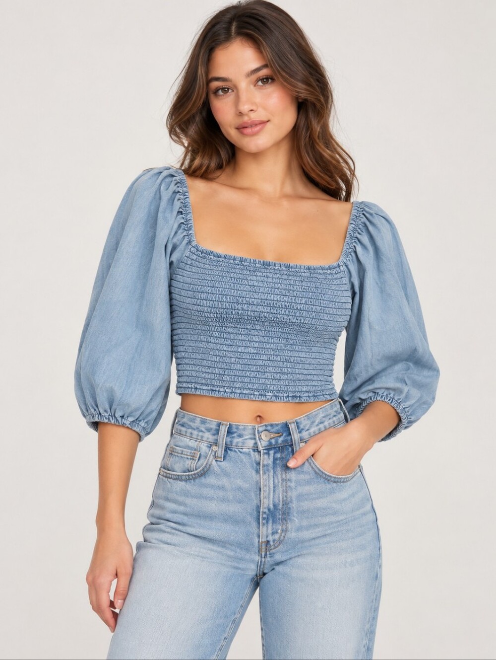 NWT Forever 21 Chambray Smocked Puff Sleeve Crop Top Size M